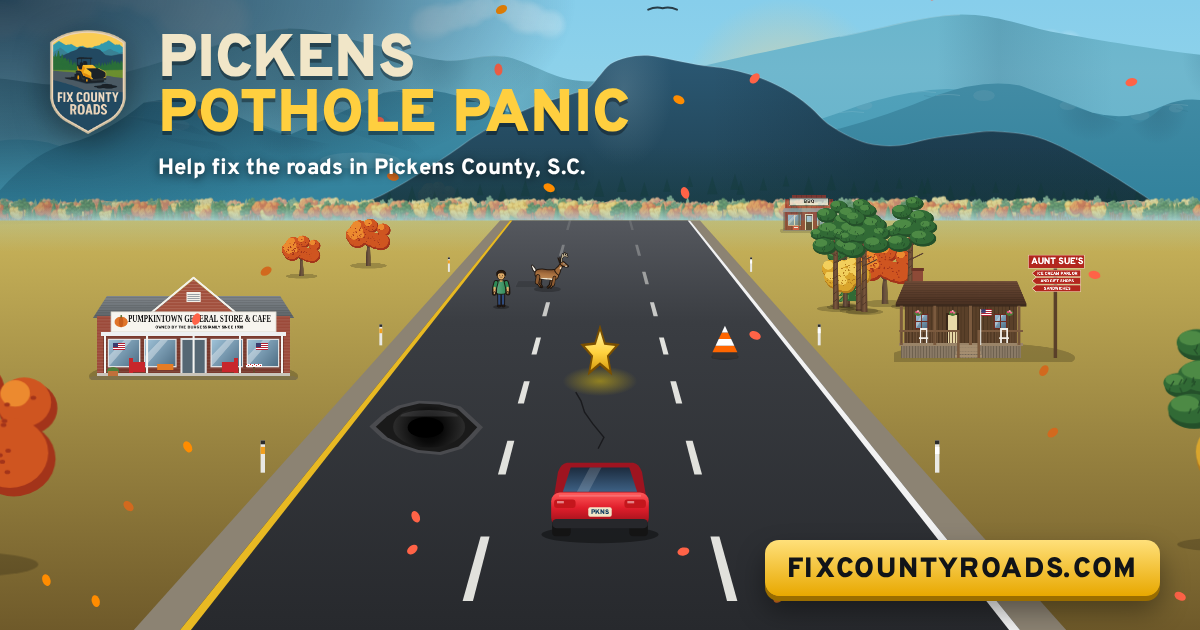 Pickens Pothole Panic: a red car dodging potholes on Highway 11 past Pumpkintown General Store & Cafe and Aunt Sue&rsquo;s Country Corner, below Table Rock